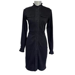 NÜMPH Dark Navy Blue Denim Dress Long Sleeve Ruffle High Neck 4